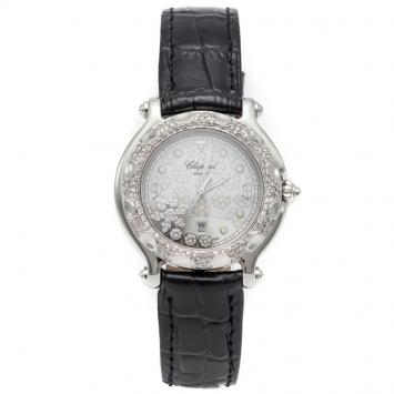 Pre Owned Chopard White Happy Sport Snow Flake Dial Stainless Steel Diamond Women's Watch 31MM
