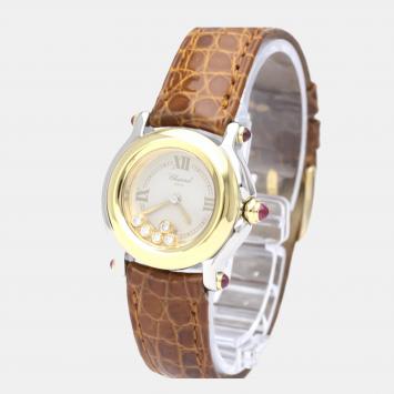 Pre Owned Chopard White Diamond 18k Yellow Gold And Stainless Steel Happy Sport 27/8246-21 Quartz Women's Wristwatch 26 mm