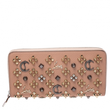 Pre Owned Christian Louboutin Beige Leather Spikes Panettone Zip Around Wallet 