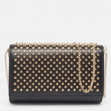 Pre Owned Christian Louboutin Black Leather Paloma Spiked Chain Clutch