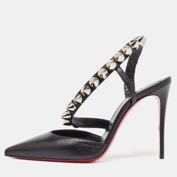 Pre Owned Christian Louboutin Black Leather Spikita Pumps Size 36.5