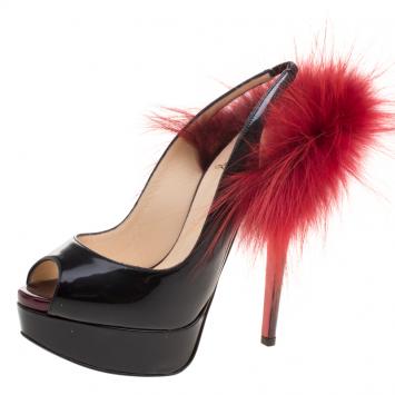Pre Owned Christian Louboutin Two Tone Patent Leather Lady Fur Peep Toe Slingback Sandals Size 35.5