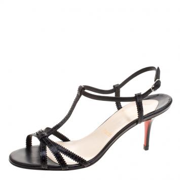 Pre Owned Christian Louboutin Black Brogue Leather T-Strap Sandals Size 40