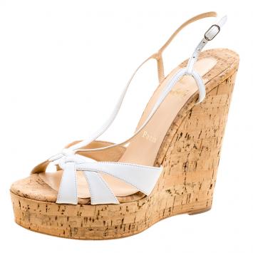 مملوكة مسبقًا Christian Louboutin White Leather Wedgy Lady Strappy Sandals Size 39