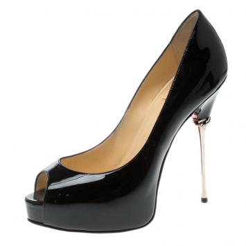 Pre Owned Christian Louboutin Black Patent Leather Miss Desprez Chain Detail Metal Heel Peep Toe Pumps Size 37.5