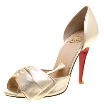 Pre Owned Christian Louboutin Metallic Gold Leather Bow T Dorcet Peep Toe Sandals Size 35