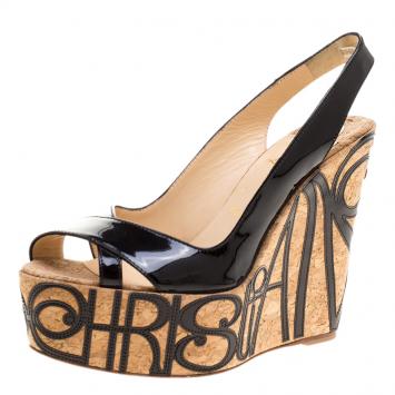 Pre Owned Christian Louboutin Black Patent Leather Marpop Slingback Cork Wedge Sandals Size 38