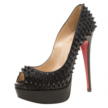 مملوكة مسبقًا Christian Louboutin Black Leather Lady Peep Spikes Platform Pumps Size 35.5