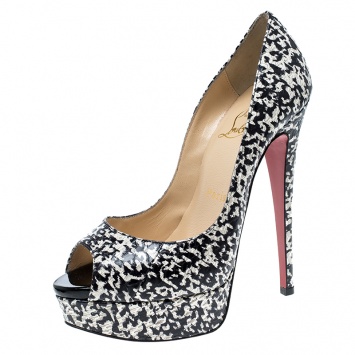 Pre Owned Christian Louboutin Monochrome Printed Python Embossed Leather Lady Peep Toe Platform Pumps Size 36.5