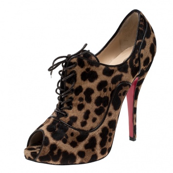 Pre Owned Christian Louboutin Leopard Print Pony Hair Lady Derby Peep Toe Booties Size 38.5