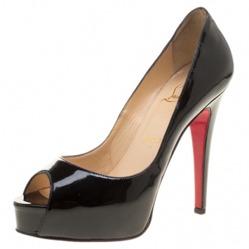 Pre Owned Christian Louboutin Black Patent Leather Hyper Prive Peep Toe Platform Pumps Size 35.5