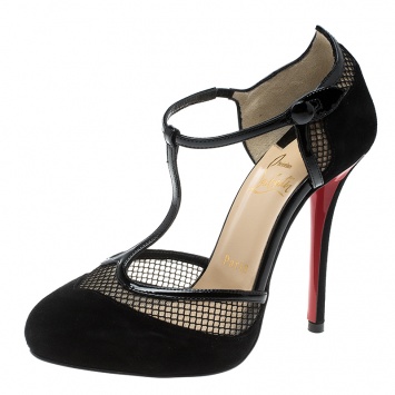 Pre Owned Christian Louboutin Black Suede And Mesh Mrs.Early T-Strap Sandals Size 35