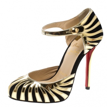 Pre Owned Christian Louboutin Metallic Gold Leather And Suede So Tango Ankle Strap Pumps Size 34