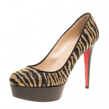 Pre Owned Christian Louboutin Two Tone Raffia Bianca Panama Tiger Weave Platform Pumps Size 39