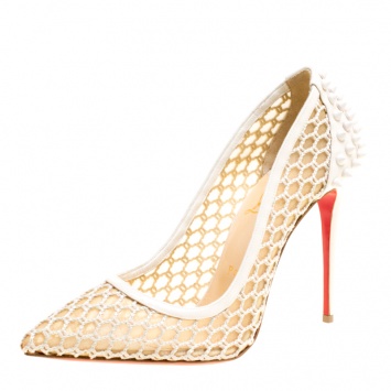 Pre Owned Christian Louboutin Off White Mesh and Spike Embellished Patent Leather Trimmed Guni Pointed Toe Pumps Size 37.5
