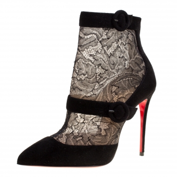 Pre Owned Christian Louboutin Black Lace and Suede Boteboot Pointed Toe Ankle Booties Size 36