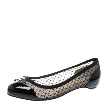 Pre Owned Christian Louboutin Black Leather and Mesh Miss Mix Bow Ballet Flats Size 38