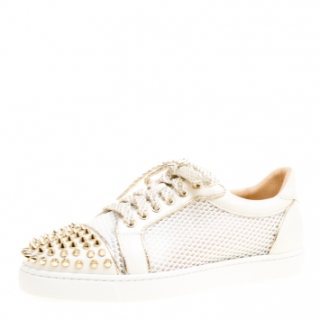 Pre Owned Christian Louboutin White Mesh fabric and Leather AC Viera Spiked Orlato Low Top Sneakers 38