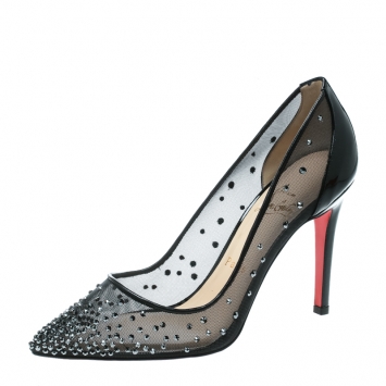 Pre Owned Christian Louboutin Black Crystal Embellished Mesh Follies Strass Pointed Toe Pumps Size 37