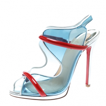 Pre Owned Christian Louboutin Multicolor Leather and PVC Aqua Ronda Slingback Sandals Size 38