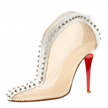 Pre Owned Christian Louboutin White Mesh And Leather Bourriche Spike Studded Booties Size 40