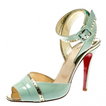 Pre Owned Christian Louboutin Mint Green Patent Leather Escatin Cross Ankle Strap Sandals Size 37