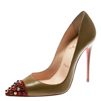 Pre Owned Christian Louboutin Brown Leather And Embellished Suede Cap Toe Cabo Pointed Toe Pumps Size 36.5