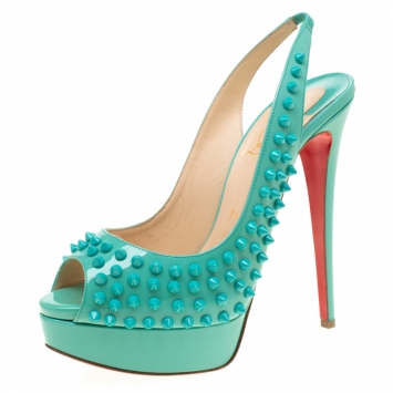 Pre Owned Christian Louboutin Turquoise Patent Leather Lady Peep Toe Spike Platform Slingback Sandals Size 39