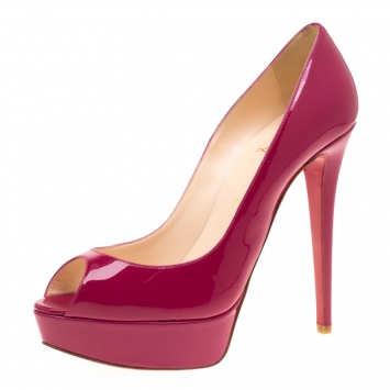 Pre Owned Christian Louboutin Fuchsia Pink Patent Leather Lady Peep Toe Platform Pumps Size 39.5