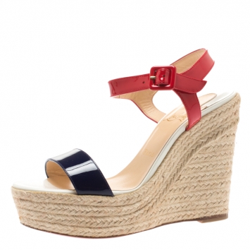مملوكة مسبقًا Christian Louboutin Tricolor Patent Leather Spachica Espadrille Wedge Sandals Size 38