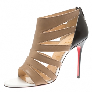 مملوكة مسبقًا Christian Louboutin Beige/Black Letaher BeautyK Cut Out Open Toe Booties Size 40