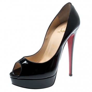 مملوكة مسبقًا Christian Louboutin Black Patent Leather Lady Peep Toe Platform Pumps Size 39