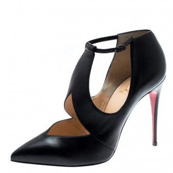 Pre Owned Christian Louboutin Black Leather Ankle Strap Pointed Toe Booties Size 38.5