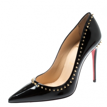 Pre Owned Christian Louboutin Black Studded Patent Leather Anjalina Pumps Size 36
