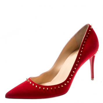 Pre Owned Christian Louboutin Red Suede Anjalina Spike Trim Pointed Toe Pumps Size 37.5