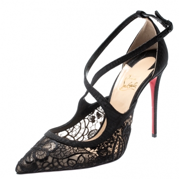 Pre Owned Christian Louboutin Black Lace And Fabric Twistissima Pointed Toe Ankle Strap Sandals Size 38