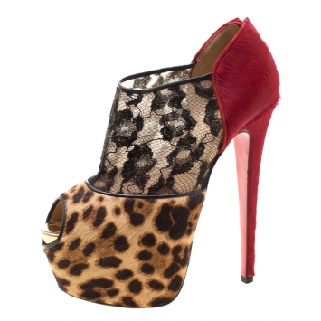 Pre Owned Christian Louboutin Leopard/Red Flame Pony Hair and Lace Aeronotoc Booties Size 37