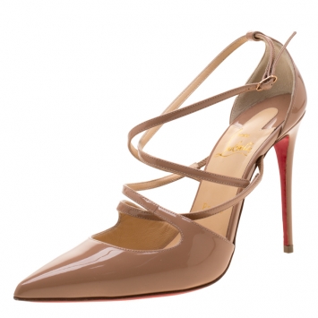Pre Owned Christian Louboutin Beige Patent Leather Crossfliketa Sandals Size 37.5