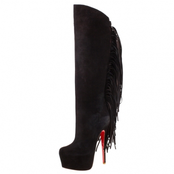 Pre Owned Christian Louboutin Brown Suede Interlopa Fringe Detail Knee Length Platform Boots Size 37
