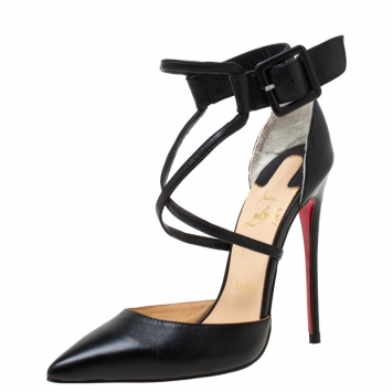مملوكة مسبقًا Christian Louboutin Black Leather Ankle Strap Pointed Toe Sandals Size 36