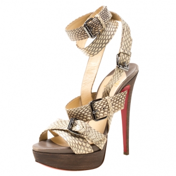 Pre Owned Christian Louboutin Beige Python Leather Criss Cross Strap Platform Sandals Size 38