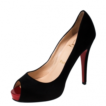 Pre Owned Christian Louboutin Black Satin Very Prive Peep Toe Platform Pumps Size 37.5