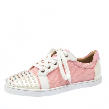 Pre Owned Christian Louboutin Pink/White Mesh And Patent Leather Gondolita Spike Lace Up Sneakers Size 41