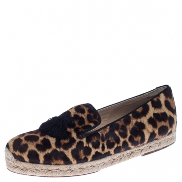 Pre Owned Christian Louboutin Brown/Black Leopard Print Calfhair Tassel Espadrilles Size 39