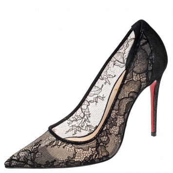 Pre Owned Christian Louboutin Black Lace And Suede Pigalace Pointed Toe Pumps Size 36