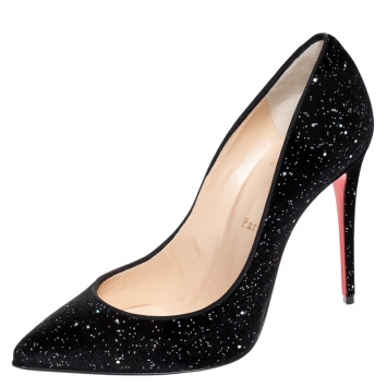 Pre Owned Chrstian Louboutin Black Glitter Velvet Pigalle Follies Pointed Toe Pumps Size 38