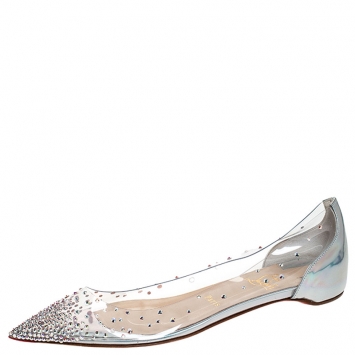Pre Owned Christian Louboutin Metallic Sliver PVC And Leather Degrastrass Pointed Toe Ballet Flats Size 39