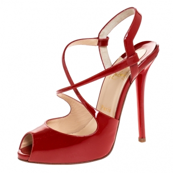 Pre Owned Christian Louboutin Red Patent Leather Cross Street Strappy Sandals Size 38.5