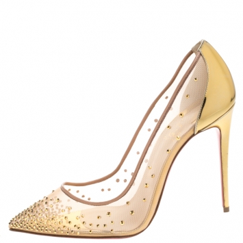 Pre Owned Christian Louboutin Gold Crystal Embellished Leather and Mesh Follies Strass Pumps Size 40.5