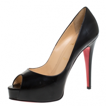 Pre Owned Christian Louboutin Black Patent Leather Hyper Prive Peep Toe Platform Pumps Size 39.5